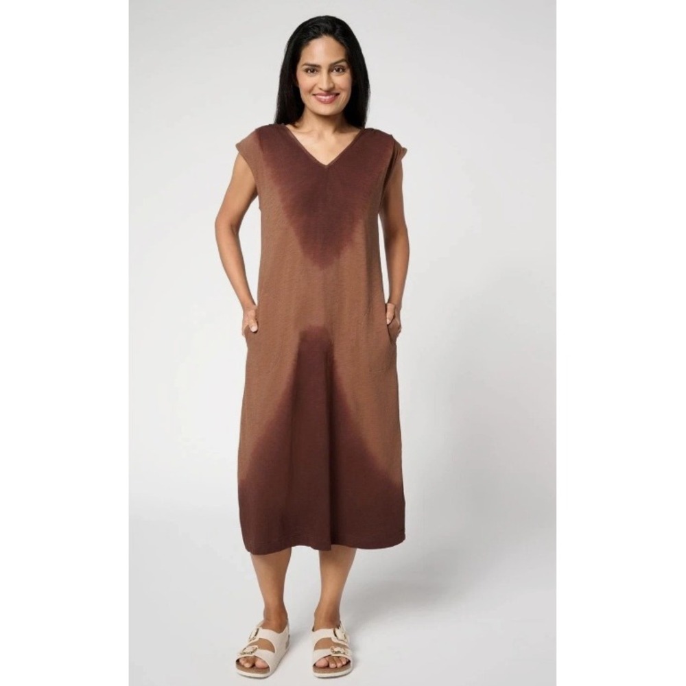 LOGO Lori Goldstein Brown Tie Dye Cotton V-Neck Midi Dress Pockets LP Petite